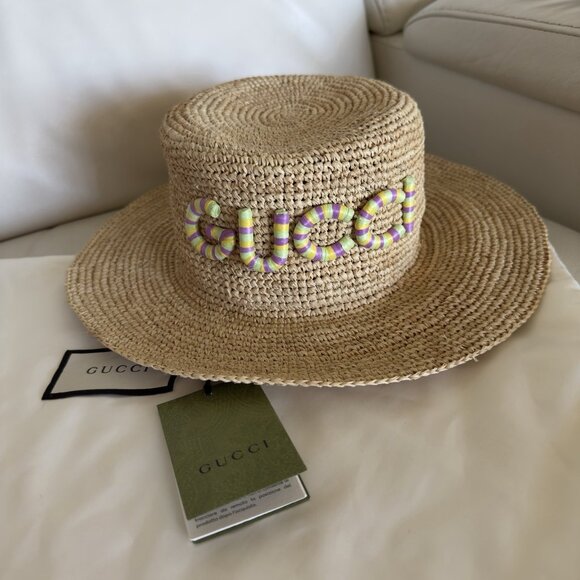 NWT GUCCI Monogram Embellished Raffia Hat Sz S - Picture 4 of 10